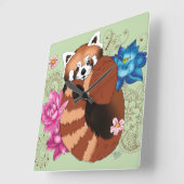 レッドパンダロータスフラワーズヘンナ スクエア壁時計 (傾斜)