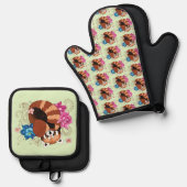 レッドパンダロータスフラワーズヘンナ 鍋つかみ&鍋敷きセット (正面/裏面)