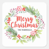 レッドパーソナライズされたクリスマスリース スクエアシール (正面)