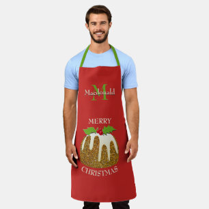 レッドパーソナライズされたグリッタープリンのクリスマス エプロン