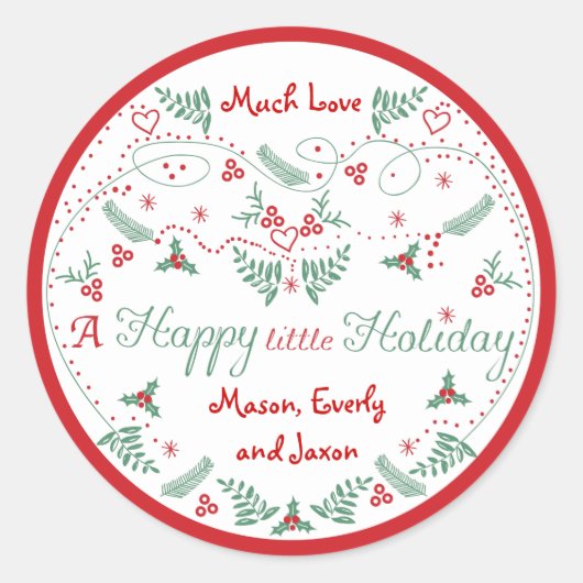 レッドパーソナライズされたグリーンホリーハッピーリトルホリデー ラウンドシール (正面)