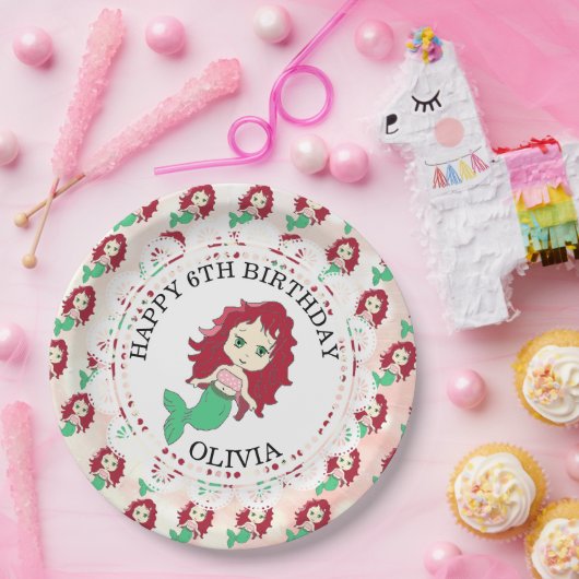 レッドパーソナライズされたヘッドマーメイド誕生日プレート ペーパープレート (パーティー)