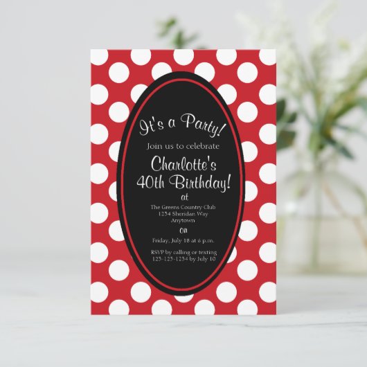 レッドパーソナライズされた水玉模様パーティの招待状 招待状 (スタンド正面)