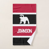 レッドパーソナライズされた白黒ブストライプのルドッグアップ バスタオルセット (ハンドタオル)