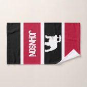 レッドパーソナライズされた白黒ブストライプのルドッグアップ バスタオルセット (ハンドタオル)