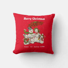 レッドパーソナライズされた雪だるまファミリークリスマスホリデー クッション