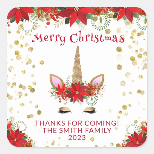 レッドパーティーの好意でクリスマスポインセチア・ユニコーン スクエアシール (正面)