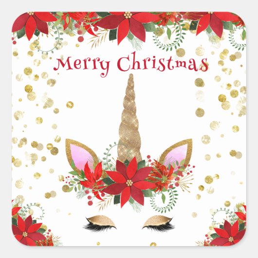 レッドパーティーの好意でクリスマスポインセチア・ユニコーン スクエアシール (正面)