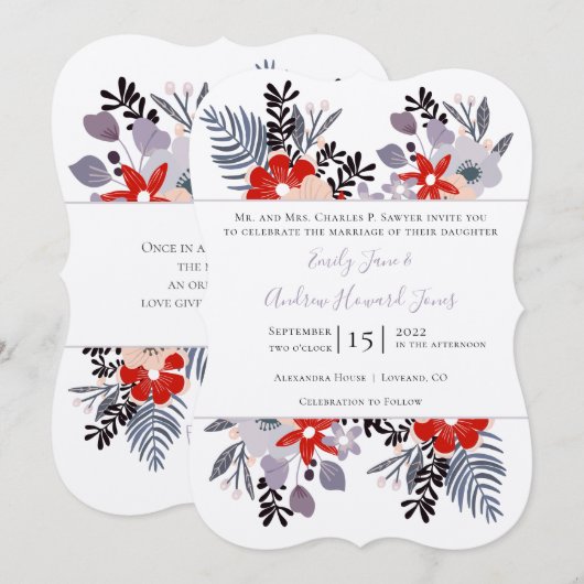 レッドパープルとミレニアル フローラル ファーン タイポグラフィー 招待状 (正面/裏面)