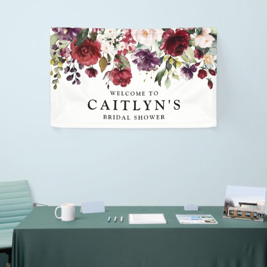 レッドパープルフローラ水彩ブライダルシャワーへようこそ 横断幕 (トレードショー)