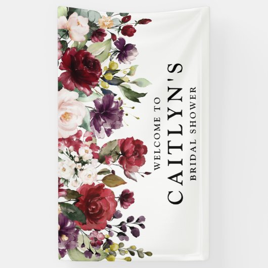 レッドパープルフローラ水彩ブライダルシャワーへようこそ 横断幕 (縦)