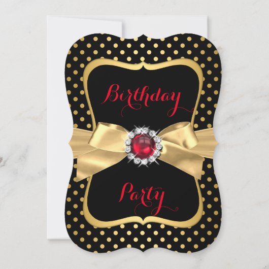 レッドパール金ゴールドボウブラック水玉模様バースデーパーティー 招待状 (裏面)