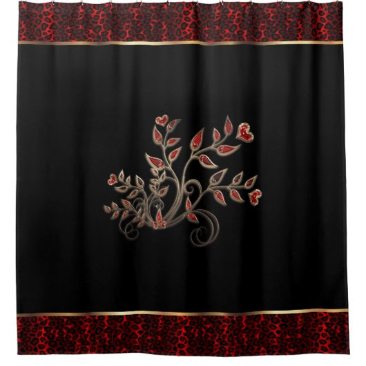 レッドヒョウ動物の模様とフローラデザイン シャワーカーテン (正面)