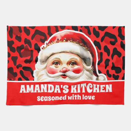 レッドヒョウ印刷レトロサンタクロース キッチンタオル (横)