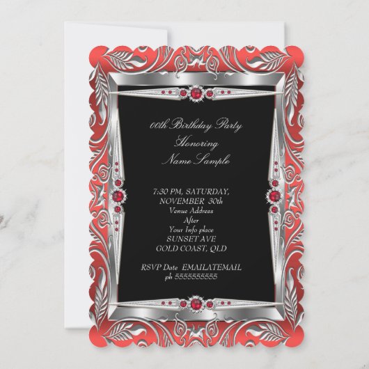 レッドピアスバースデーパーティーブラックシルバーフォトB 招待状 (裏面)