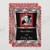 レッドピアスバースデーパーティーブラックシルバーフォトB 招待状 (正面/裏面)