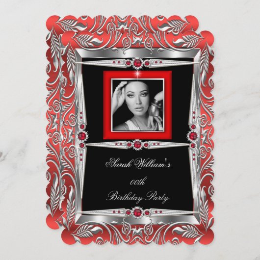 レッドピアスバースデーパーティーブラックシルバーフォトB 招待状 (正面/裏面)