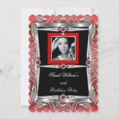 レッドピアスバースデーパーティーブラックシルバーフォトB 招待状 (正面)