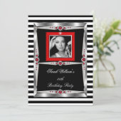 レッドピアスバースデーパーティー白黒ストライプ写真 招待状 (スタンド正面)