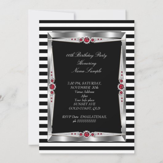 レッドピアスバースデーパーティー白黒ストライプ写真 招待状 (裏面)