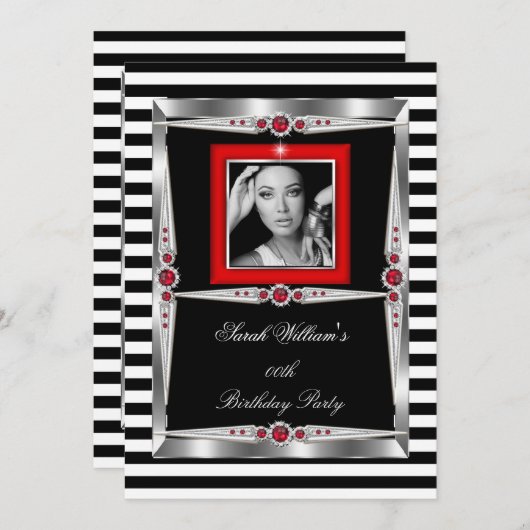 レッドピアスバースデーパーティー白黒ストライプ写真 招待状 (正面/裏面)