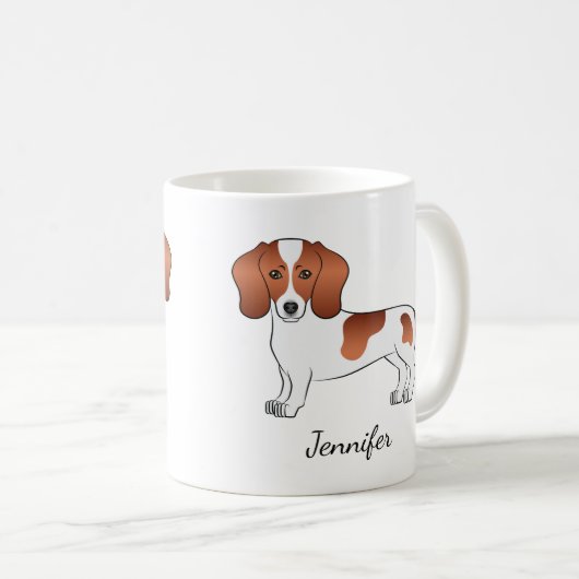 レッドピエススムースコートダックスシュント漫画の犬と名前 コーヒーマグカップ (正面右)