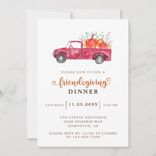 レッドピックアップトラックカボチャのフレンドリーエレガント 招待状 (正面)