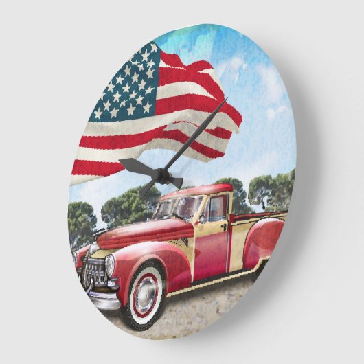 レッドピックアップトラック：アメリカ国旗のヴィンテージ ラージ壁時計 (傾斜)