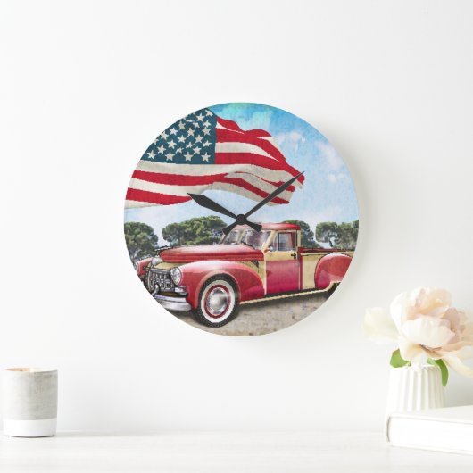 レッドピックアップトラック:アメリカ国旗のヴィンテージ ラージ壁時計 (ホーム)