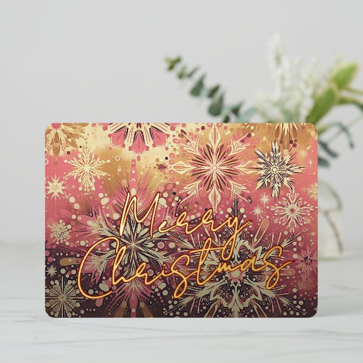 レッドピモダンンク抽象芸術スノーフレークフローラアート金ゴールド 箔シーズンカード (立ち正面)