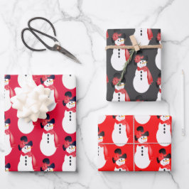 レッドピンクとグレーの雪だるま ラッピングペーパーシート