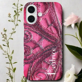 レッドピンクのモノグラムフローラ抽象芸術織物芸術 iPhone 16ケース