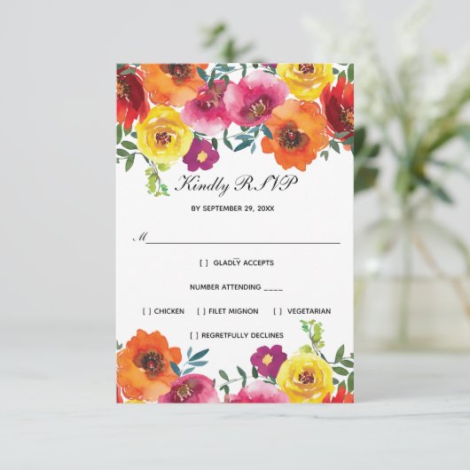 レッドピンクイエローフローラエレガフォーマルントウェディングRSVP 出欠カード (スタンド正面)
