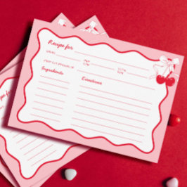 レッドピンクウェーブボウさくらんぼブライダルシャワーレシピカード 招待状