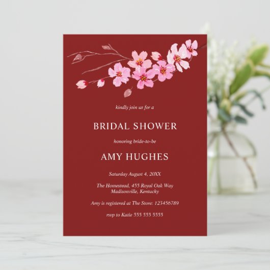 レッドピンクウォーターカラーさくらんぼブロッサムブライダルシャワー 招待状 (スタンド正面)