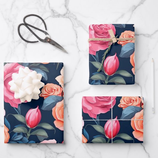 レッドピンクオレンジバラパターキフォン ラッピングペーパーシート (正面)