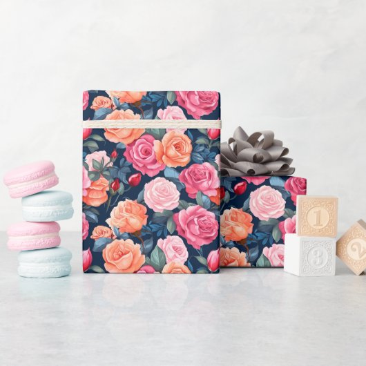 レッドピンクオレンジバラパターキフォン ラッピングペーパー (ベビーシャワー)