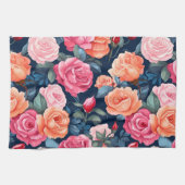 レッドピンクオレンジバラパターンデザイン キッチンタオル (横)