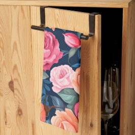 レッドピンクオレンジバラパターンデザイン キッチンタオル