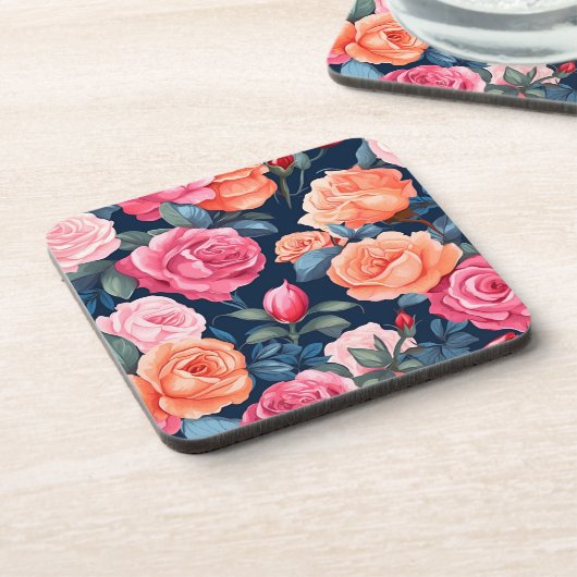 レッドピンクオレンジバラパターンデザイン コースター (左側)