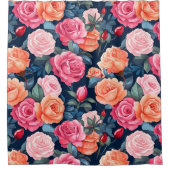 レッドピンクオレンジバラパターンデザイン シャワーカーテン (正面)