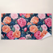 レッドピンクオレンジバラパターンデザイン ビーチタオル (正面)