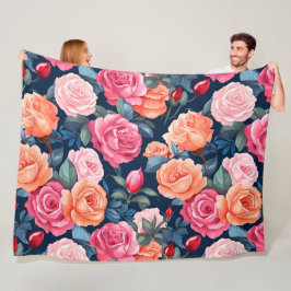 レッドピンクオレンジバラパターンデザイン フリースブランケット