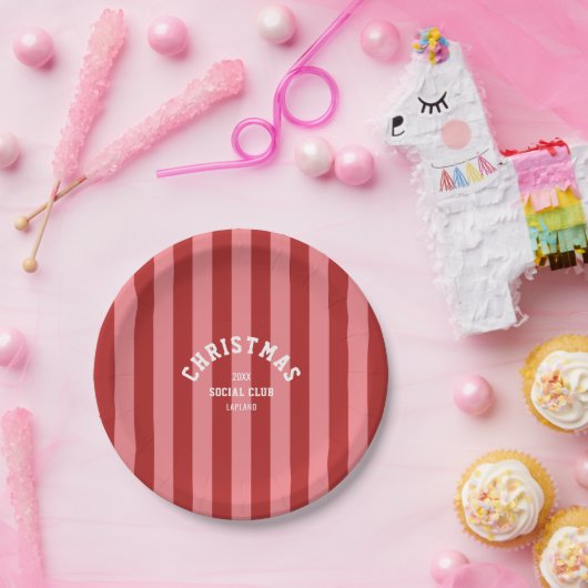 レッドピンクキャンディストライプクリスマスソーシャルクラブ ペーパープレート (パーティー)