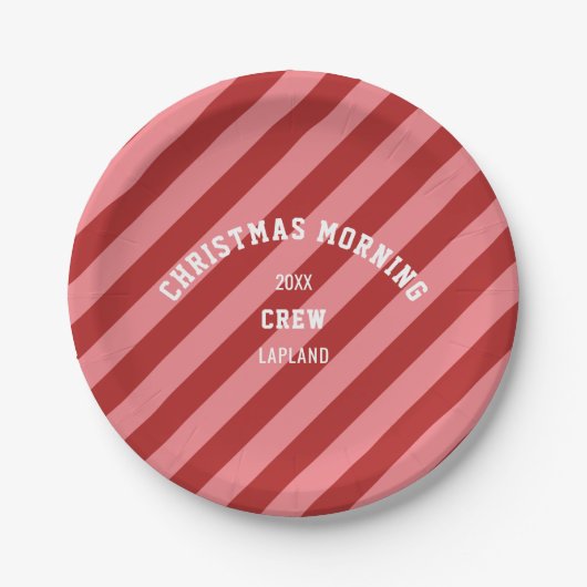 レッドピンクキャンディストライプクリスマスモーニングクルー ペーパープレート (正面)