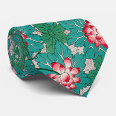 レッドピンクグリーンティール（緑がかった色）中国のロテズパターン ネクタイ (ロール)