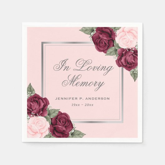 レッドピンクシルバーウォーターフローラメモリアル葬儀 スタンダードカクテルナプキン (正面)