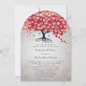 レッドピンクシルバーウッドシィハートリーフブライダルシャワー 招待状 (正面)