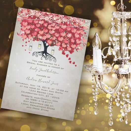 レッドピンクシルバーウッドシィハートリーフブライダルシャワー 招待状