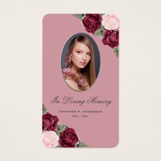 レッドピンクシルバーフローラ葬儀祈りの言葉カード (正面)